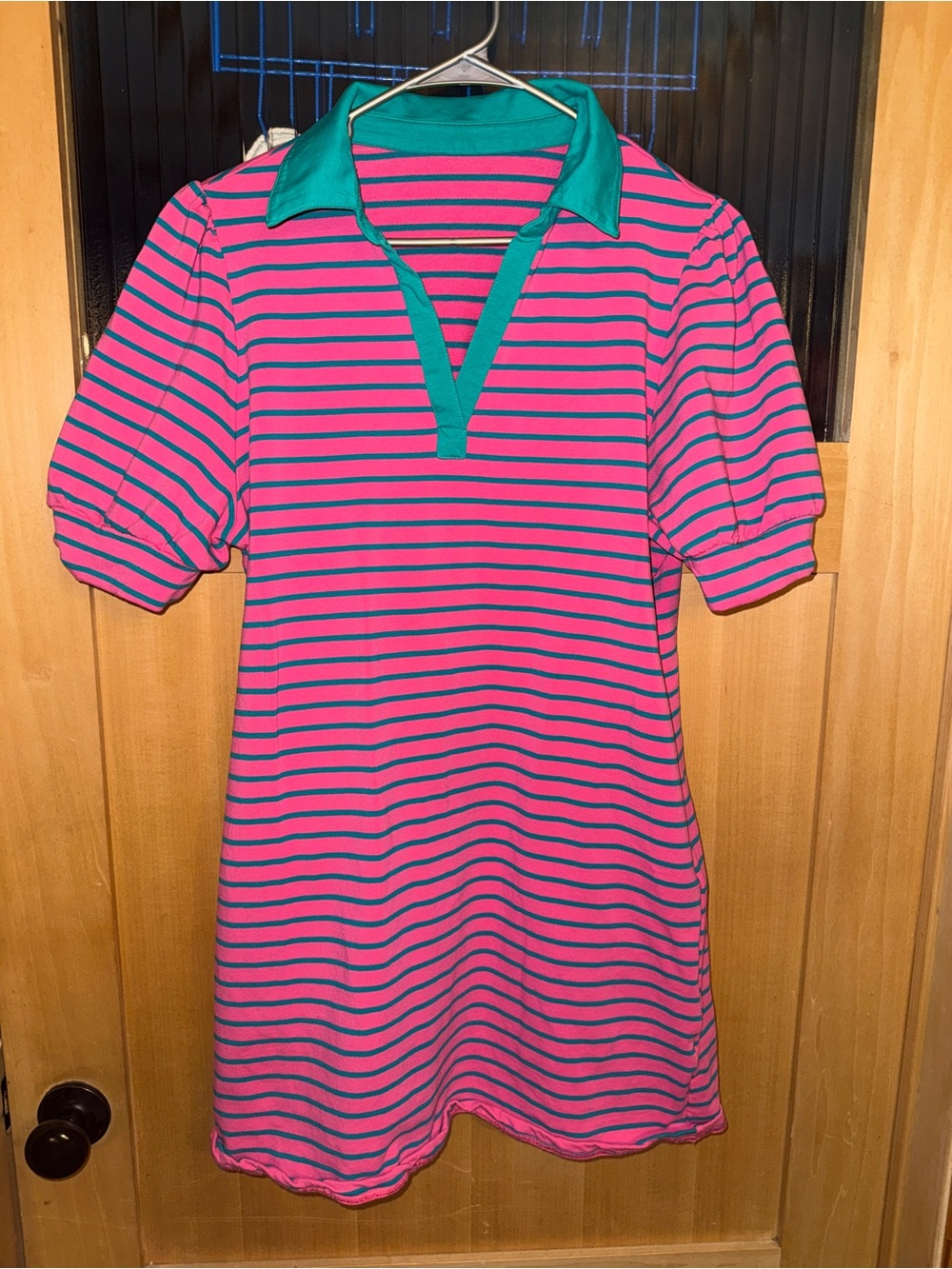 Women's Collared V Neck Puff Sleeve Mini T Shirt Dress XL  Pink Stripe